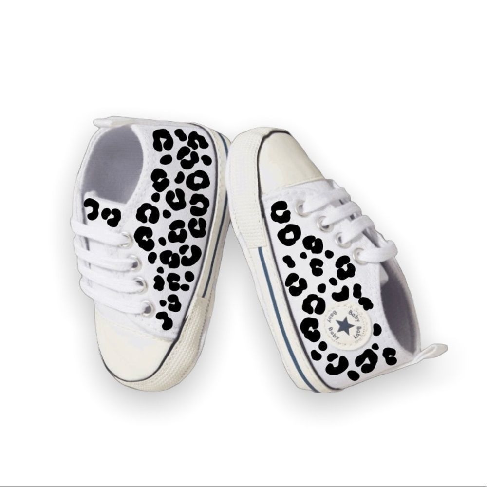 Infant baby girl shoes, walker, cute custom design, white w/ black leopard print - Picture 3 of 4